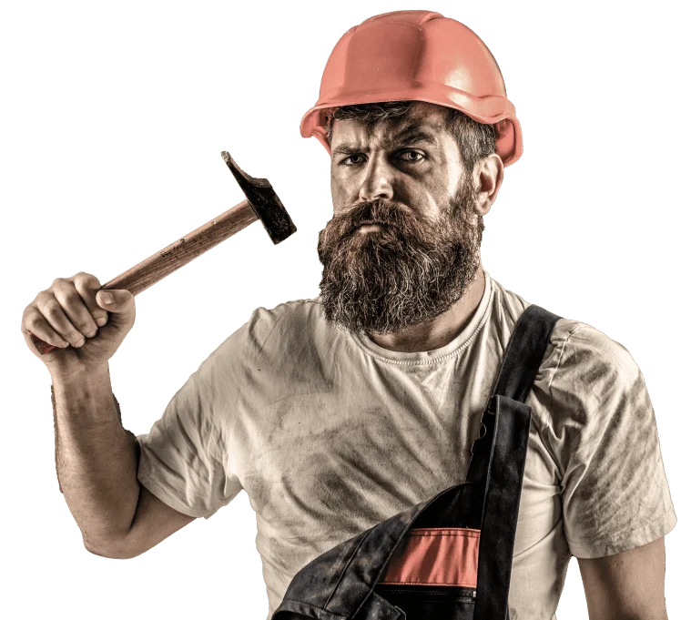Handwerker mit Arbeitskleidung, Hammer und Helm