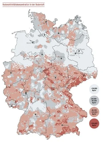 Deutschland-Karte mit einer Skala bezüglich der Radonaktivitätskonzentration in der Bodenluft.