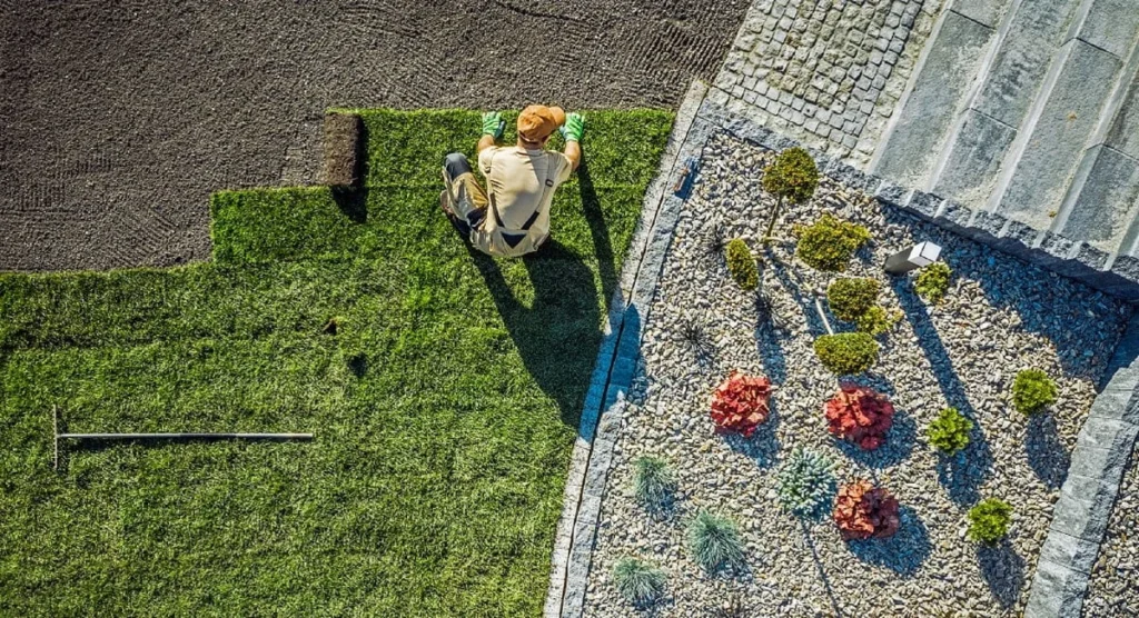 Ein Gärtner rollt einen Rasen aus neben einem Weg aus Pflastersteinen