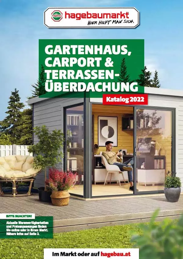 Deckblatt des Kataloges Gartenhaus, Carport und Terrassenüberdachung des hagebaumarktes. Mann sitzt in einem Gartenhäuschen