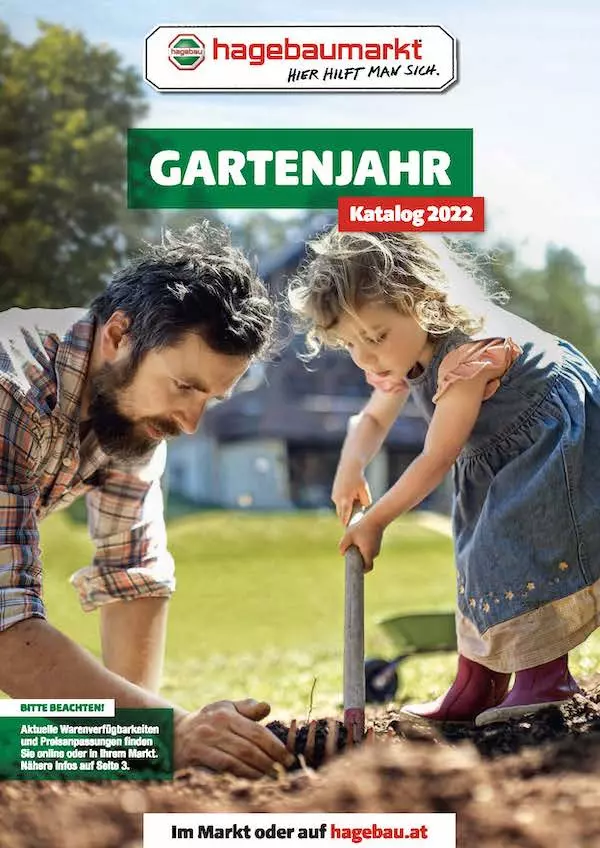 Deckblatt des Kataloges Gartenjahr des hagebaumarktes. Mann mit Tochter pflanzen im Garten.