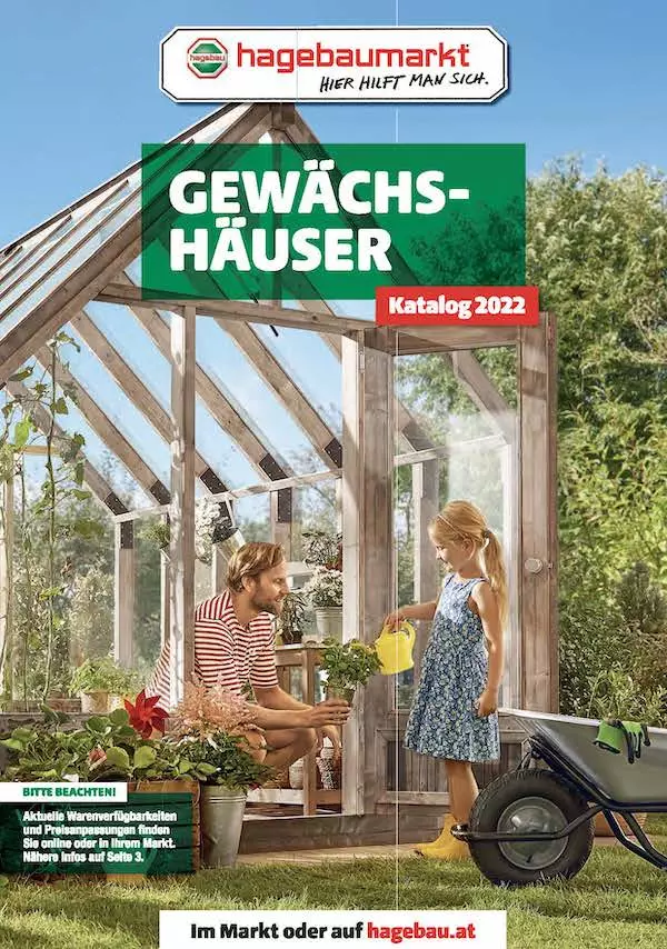 Deckblatt des Kataloges Gewächshäuser des hagebaumarktes. Mann und Tochter gießen eine Blume.
