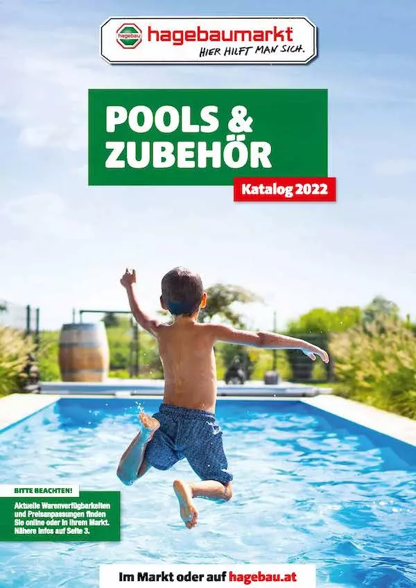 Deckblatt des Kataloges Pools und Zubehör des hagebaumarktes. Junge springt in einen Pool.