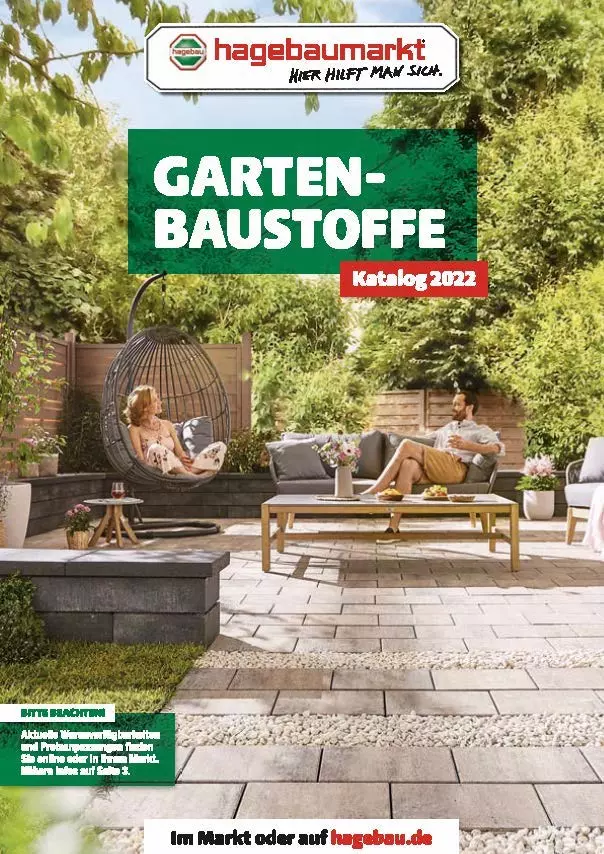 Deckblatt des Kataloges Gartenbaustoffe des hagebaumarktes. Pärchen sitzt in einer Garten-Lounge und unterhält sich.