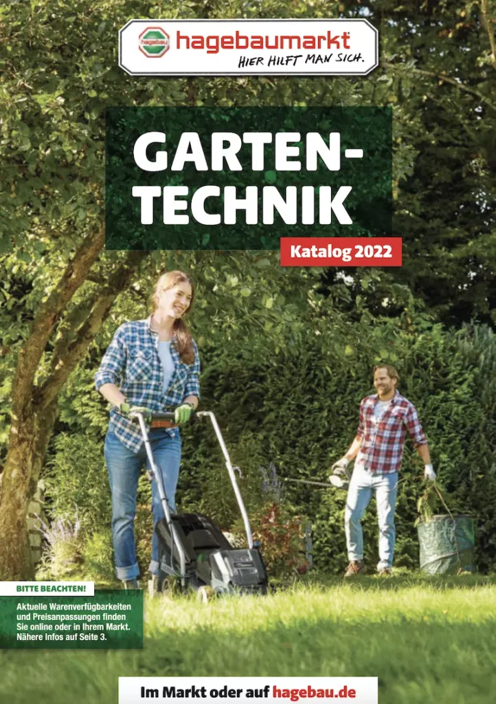 Deckblatt des Kataloges Gartentechnik des hagebaumarktes. Pärchen arbeitet im Garten. Mann sammelt Laub ein, Frau mäht den Rasen mit einem Rasenmäher.